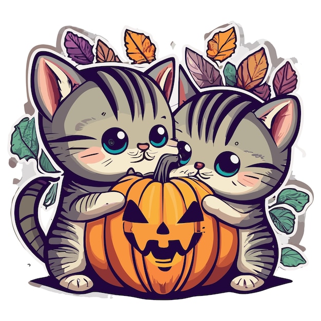 illustration Kawaii Kittens playing with a small pumpkin Halloween side view sticker