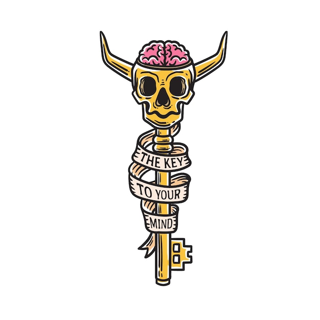 Illustration of a key with skull head and typography on white background