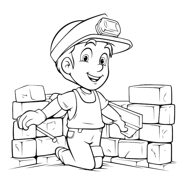 Illustration of a Kid Boy Building a Brick Wall Coloring Book