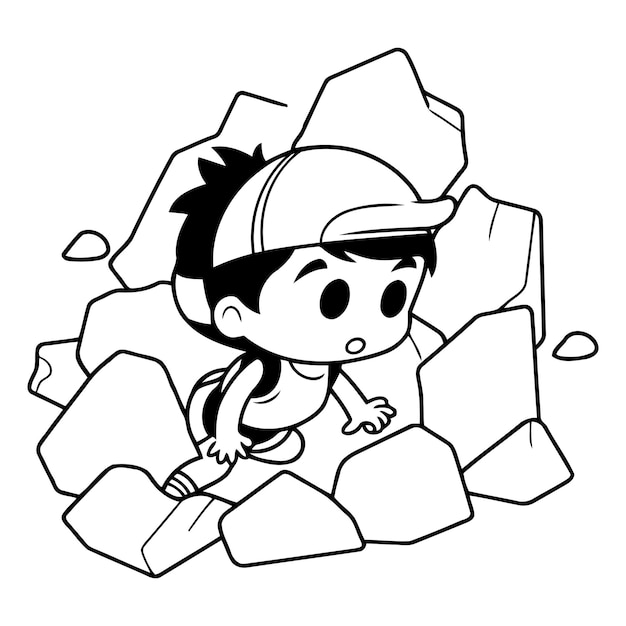 Vector illustration of a kid boy climbing a rock in a rockfall