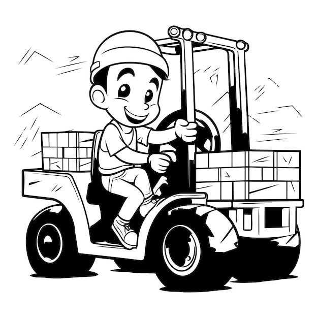 貨物 に 満ち た フォークリフト トラック を 運転 し て いる 子供 の 絵