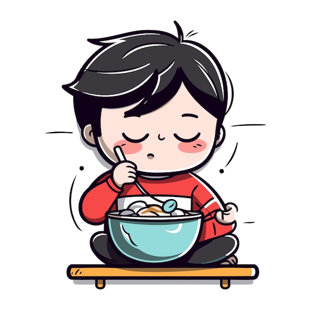 Vector illustration of a kid boy eating rice in a bowl vector