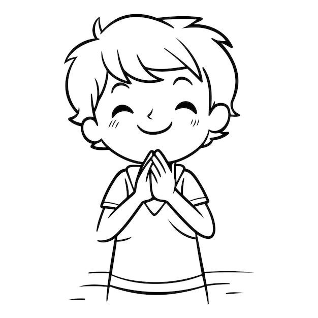 Vector illustration of a kid boy praying black and white cartoon style