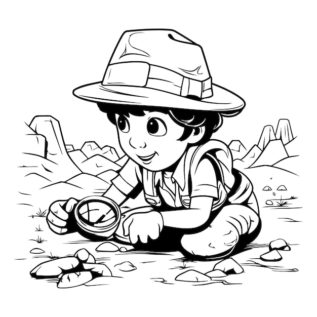 Illustration of a Kid Boy Searching for a Compass on the Rocks