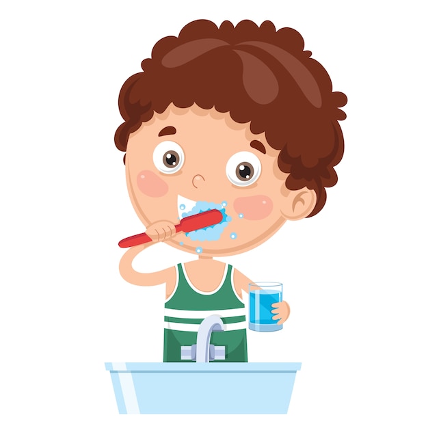 Vector illustration of kid brushing teeth