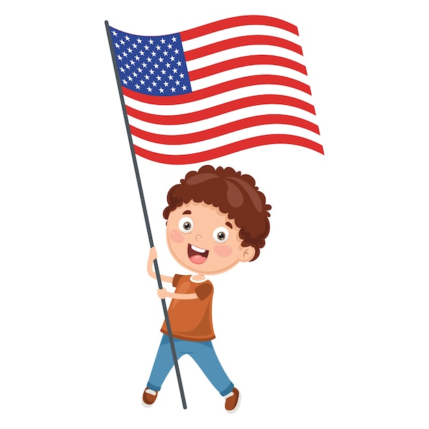 Vector illustration of kid holding usa flag