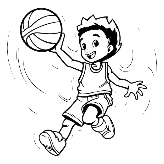 Illustration of a Kid Playing Basketball Black and White Cartoon Style