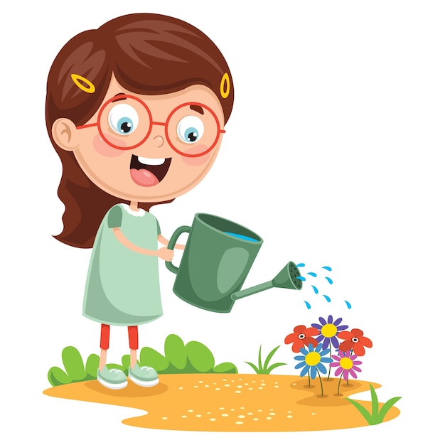 Illustration Of Kid Watering Flowers