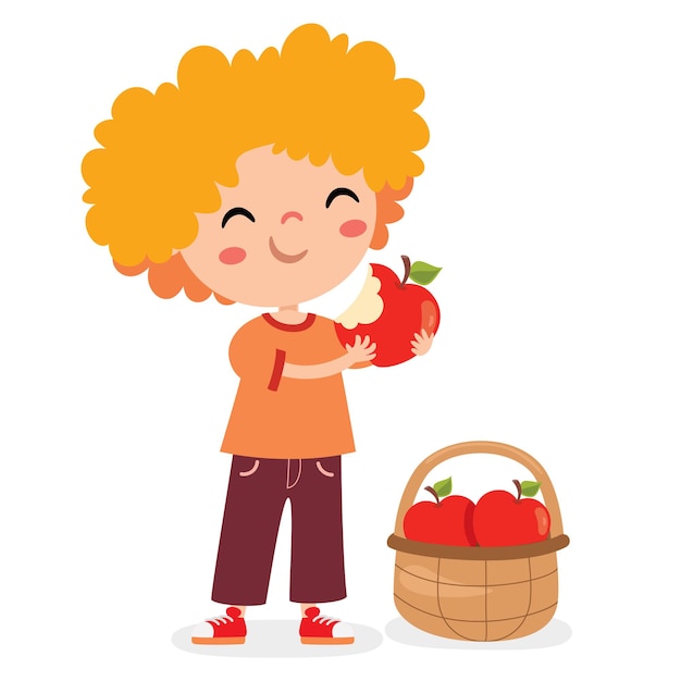 Vector illustration of kid with apple