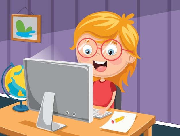 Vector illustration of kid with computer