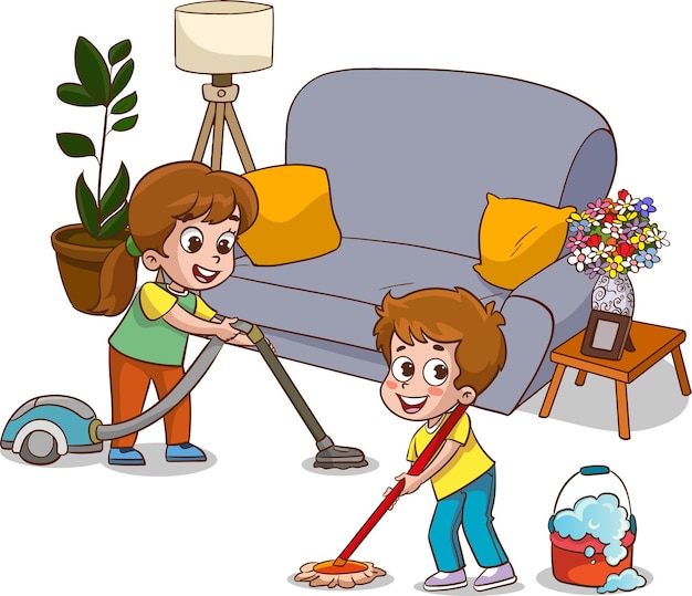 Illustration of Kids Cleaning the Sofa with a Mop