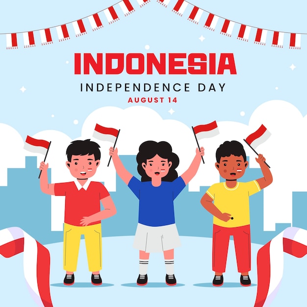 Illustrazione di bambini che tengono una bandiera e celebrano il giorno dell'indipendenza dell'indonesia