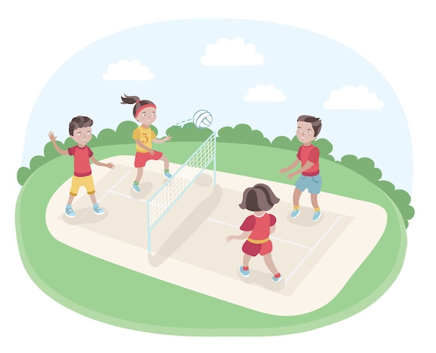 Vettore illustrazione di bambini che giocano a pallavolo nel parco