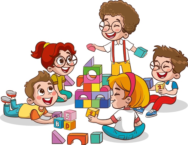 Illustration of Kids Playing with Colorful Blocks on a White Background