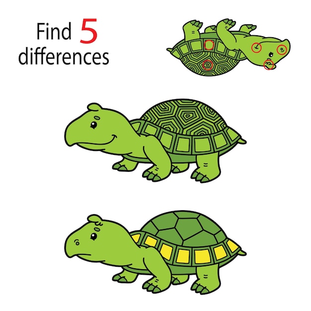 Illustration of kids puzzle educational game Find 5 differences with cartoon turtle