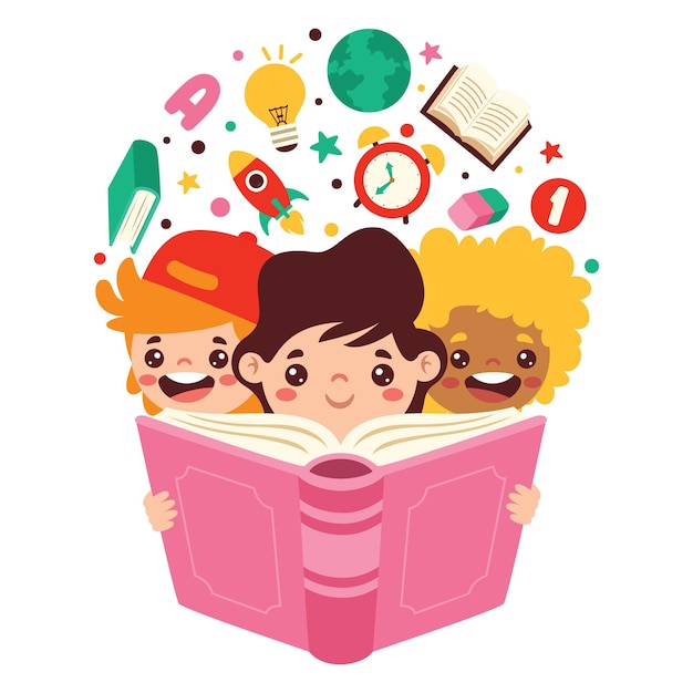 Vector illustration of kids reading book