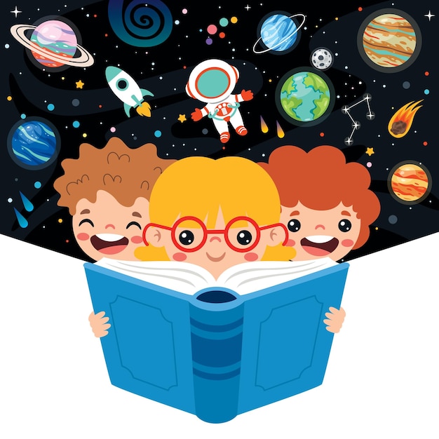 Illustration of kids reading book