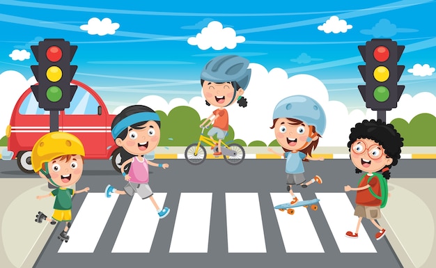 Illustrazione dei bambini che camminano attraverso crosswalk