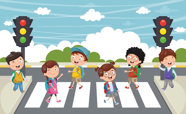 Vector illustration of kids walking across crosswalk