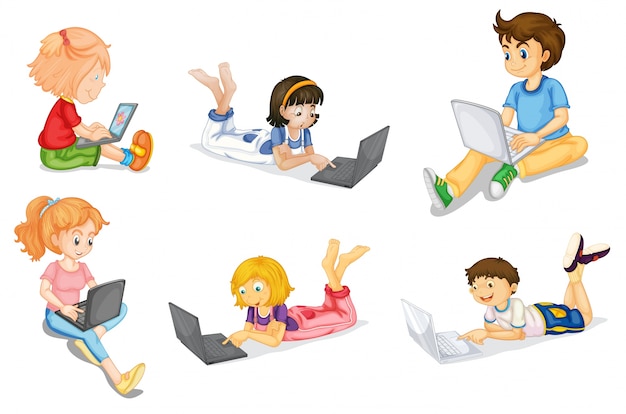 Illustration of kids with laptop on a white