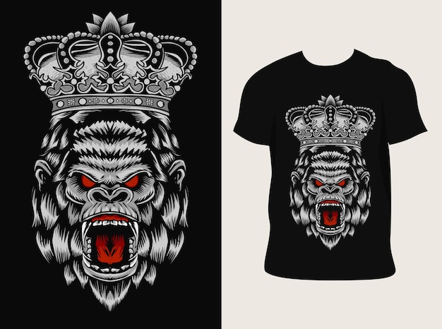 Vector illustration king gorilla head illustration with t shirt design