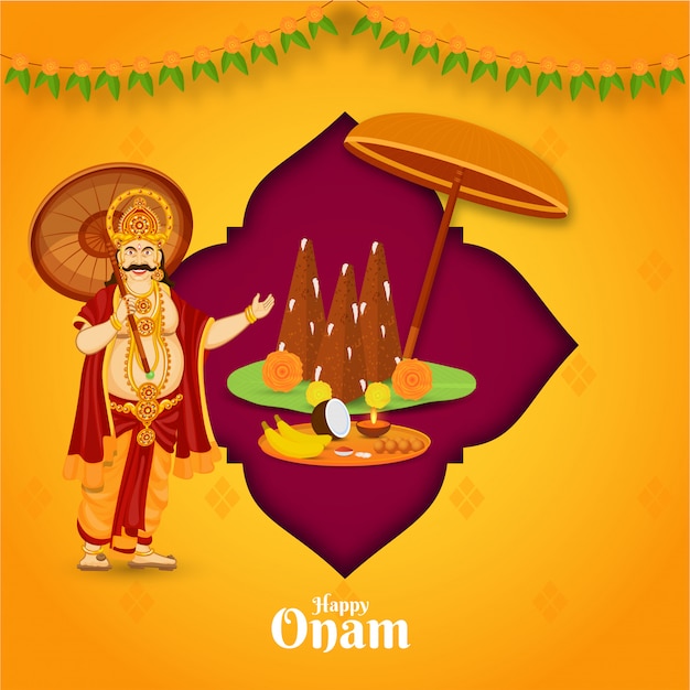 Illustrazione del re mahabali con thrikkakara appan idol e piastra di culto su sfondo rosa e arancione per la celebrazione felice di onam.