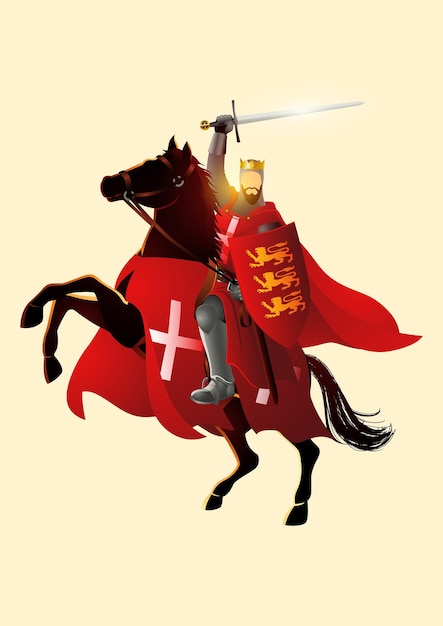 Illustration of King Richard the Lionheart holding a sword and shield on horseback