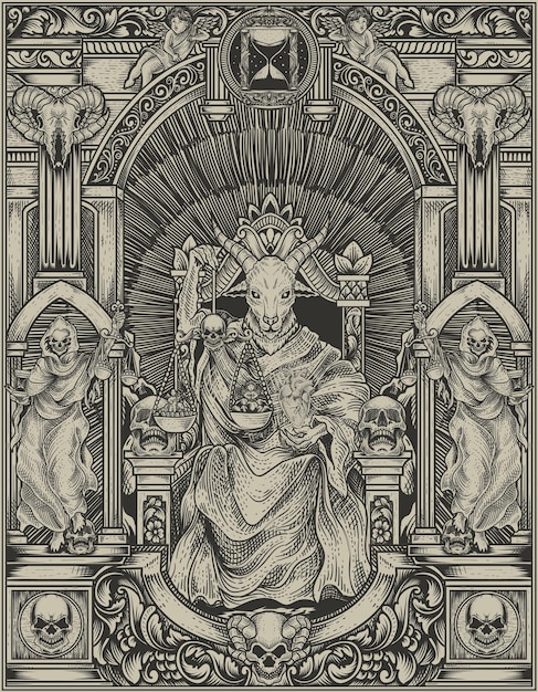 Illustration king satan on gothic engraving ornament style