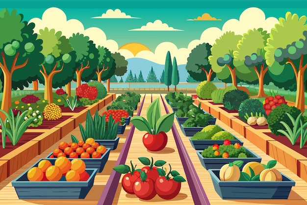 Vector illustration of a kitchen garden lined up with fruits and vegetables