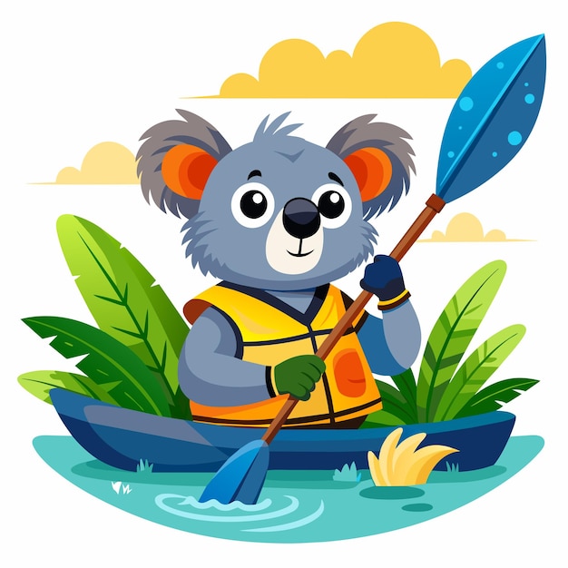 Illustrazione di koala in kayak sul fiume su sfondo bianco