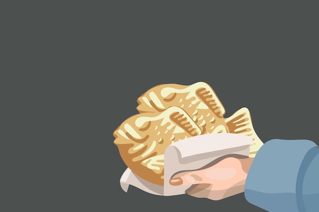 An illustration of Korean cuisine called plain Bunjeoppang Street Korean food in the form of fish in the form of Pies in the hands Suitable for printing on textiles and paper Illustrative banner