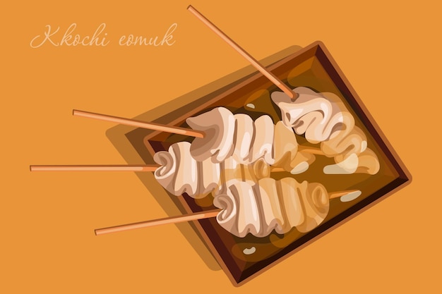 Vector illustration of korean food called kkochi eomuk street korean food in broth fish snacks on a stick