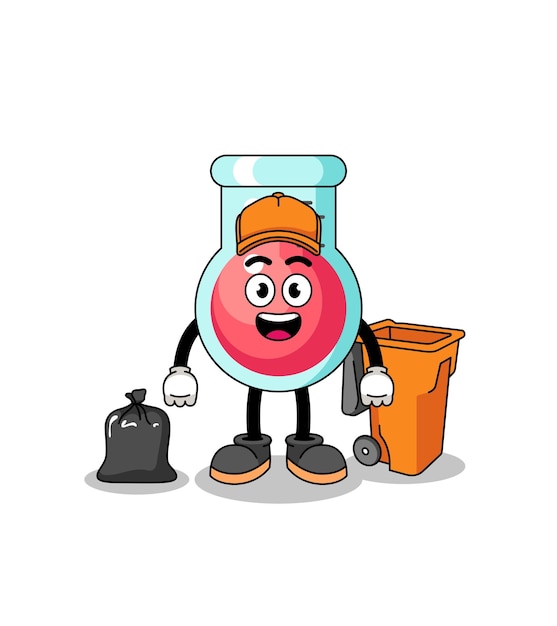 Illustration of laboratory beaker cartoon as a garbage collector