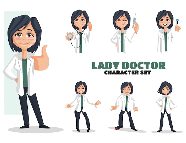 Vettore illustrazione di lady doctor character set