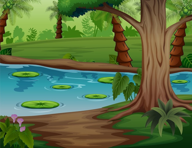 Vector illustration of lake landscape with lotus near a palm forest