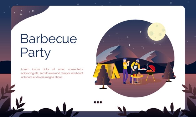 Illustration for landing page, Barbecue party at summer camp