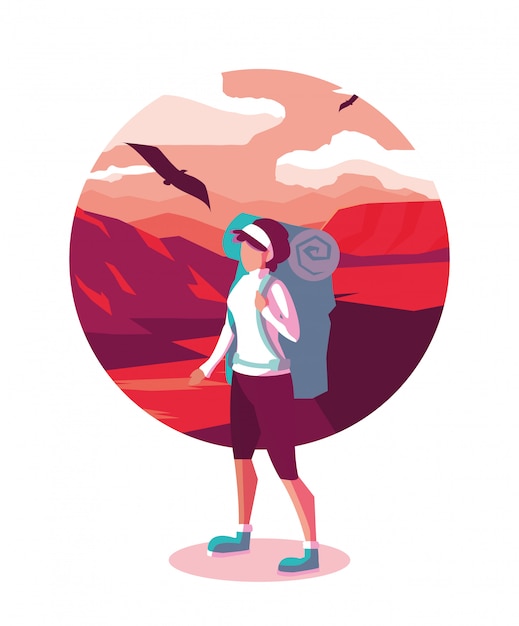 Illustration landscape desert with traveler wanderlust