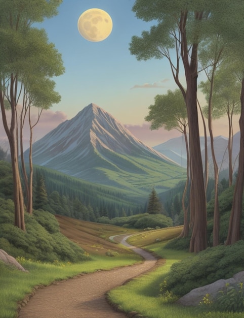 illustration of a landscape view with trees and a path leading to a mountain in the distance