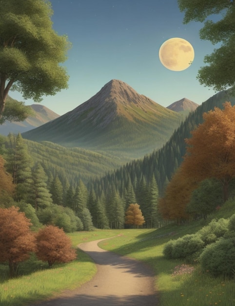 illustration of a landscape view with trees and a path leading to a mountain in the distance