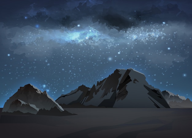 Illustration of landscape with blue milky way in mountains at night sky with stars. space background with galaxy and high rocks, peaks and ridges