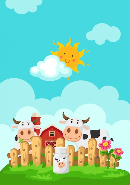 Illustration of landscape with cows and farm background