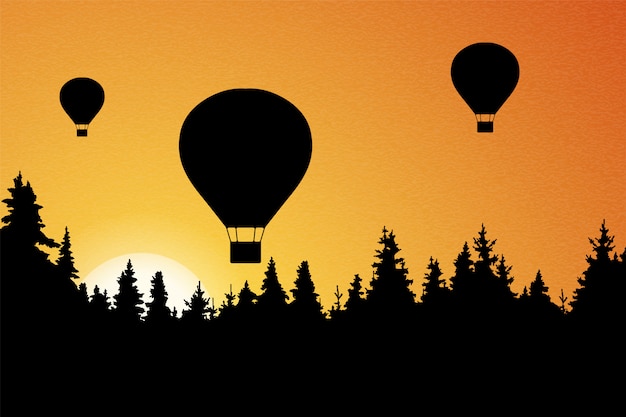 Illustration of landscape with forest, flying hot air balloons and orange sky with rising sun