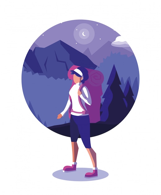 Vector illustration landscape with mountains and traveler wanderlust