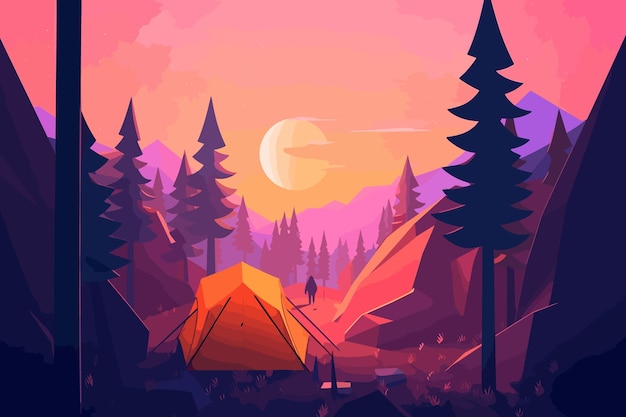 Vector illustration landscape with tent and pine trees