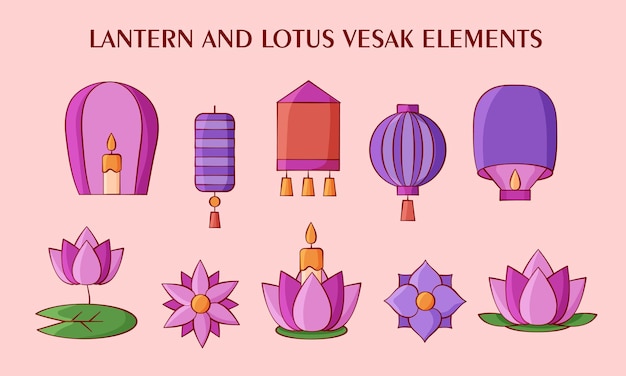 Vector illustration of lantern and lotus of vesak elements collections