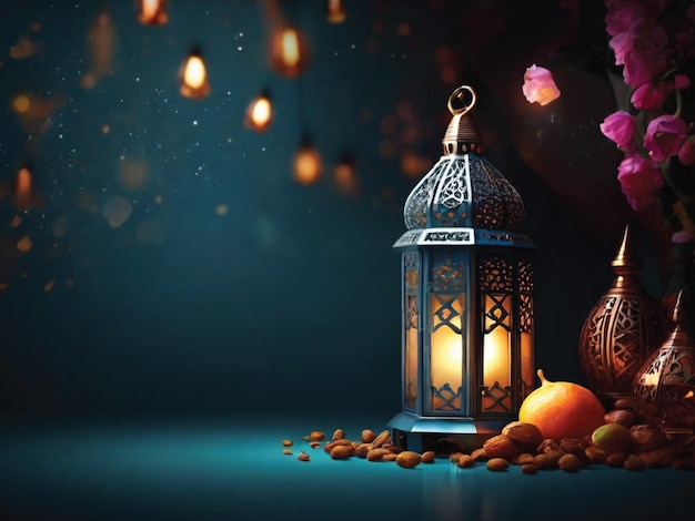 Illustration of a lantern in the right corner and several other hanging lantern lights Ramadan back