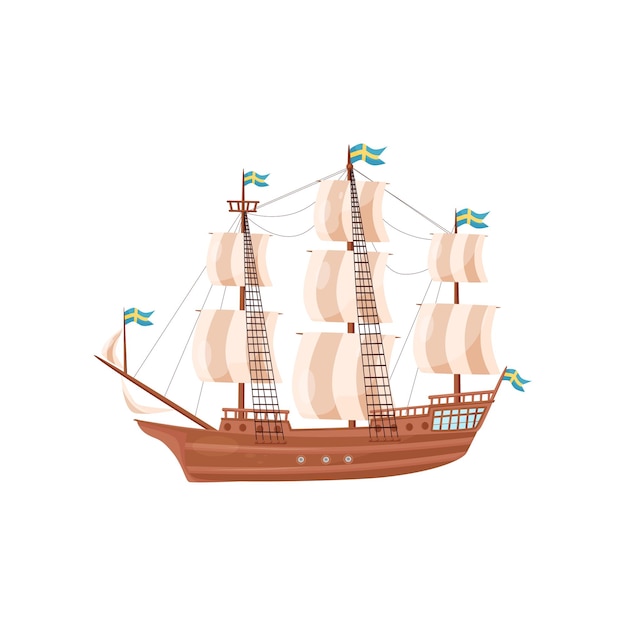 Illustration of large wooden ship with beige sails and blue flags with yellow crosses Large sea craft Water transport Marine theme Colorful vector icon in flat style isolated on white background