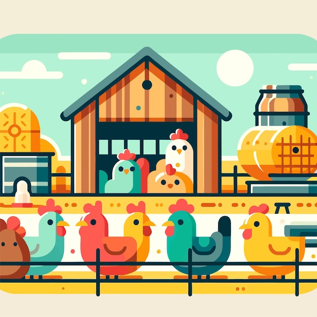 Vector illustration of laying hens in a cage