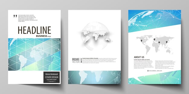 Layout di illustrazione di tre modelli di copertine moderne in formato a4 per brochure, riviste, flyer, libretto. modello di chimica, struttura molecolare, geometrico.
