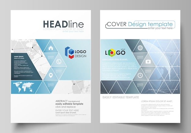 Illustration the layout of two a4 format covers with triangles templates for brochure, flyer, booklet. world globe on blue. global network connections, lines and dots.